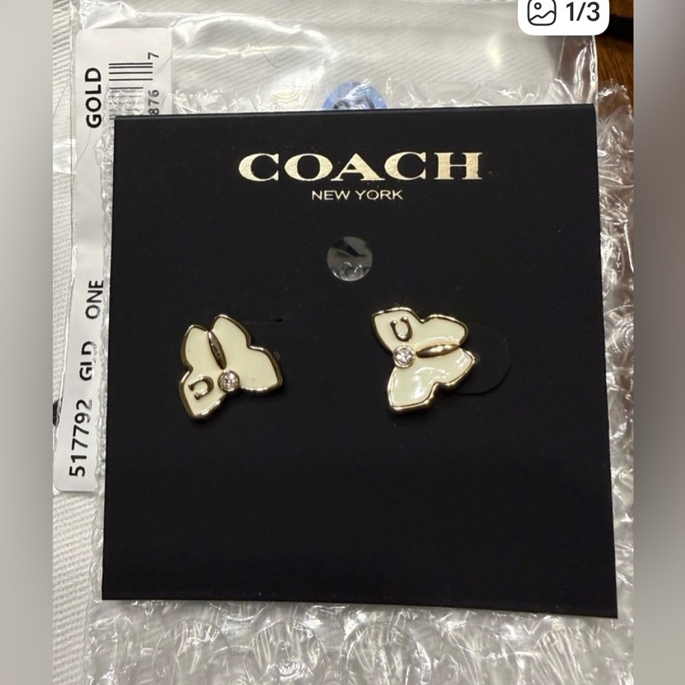 NEW Coach Signature Butterfly Stud Earrings in Goldtone and Cream